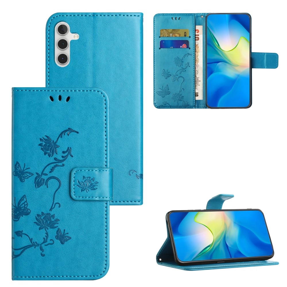 Étui en cuir à papillons pour Samsung Galaxy A55, bleu