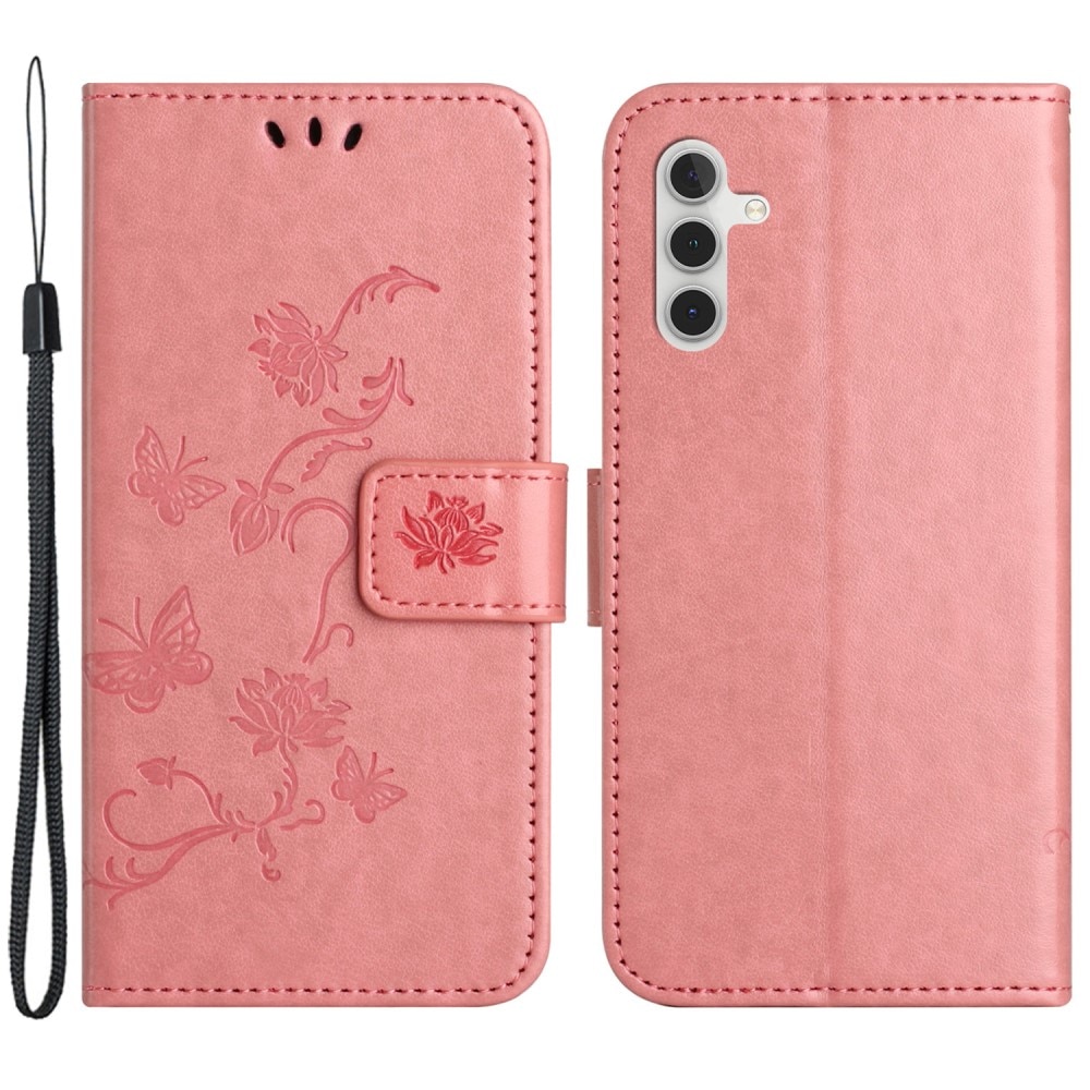 Étui en cuir à papillons pour Samsung Galaxy A55, rose