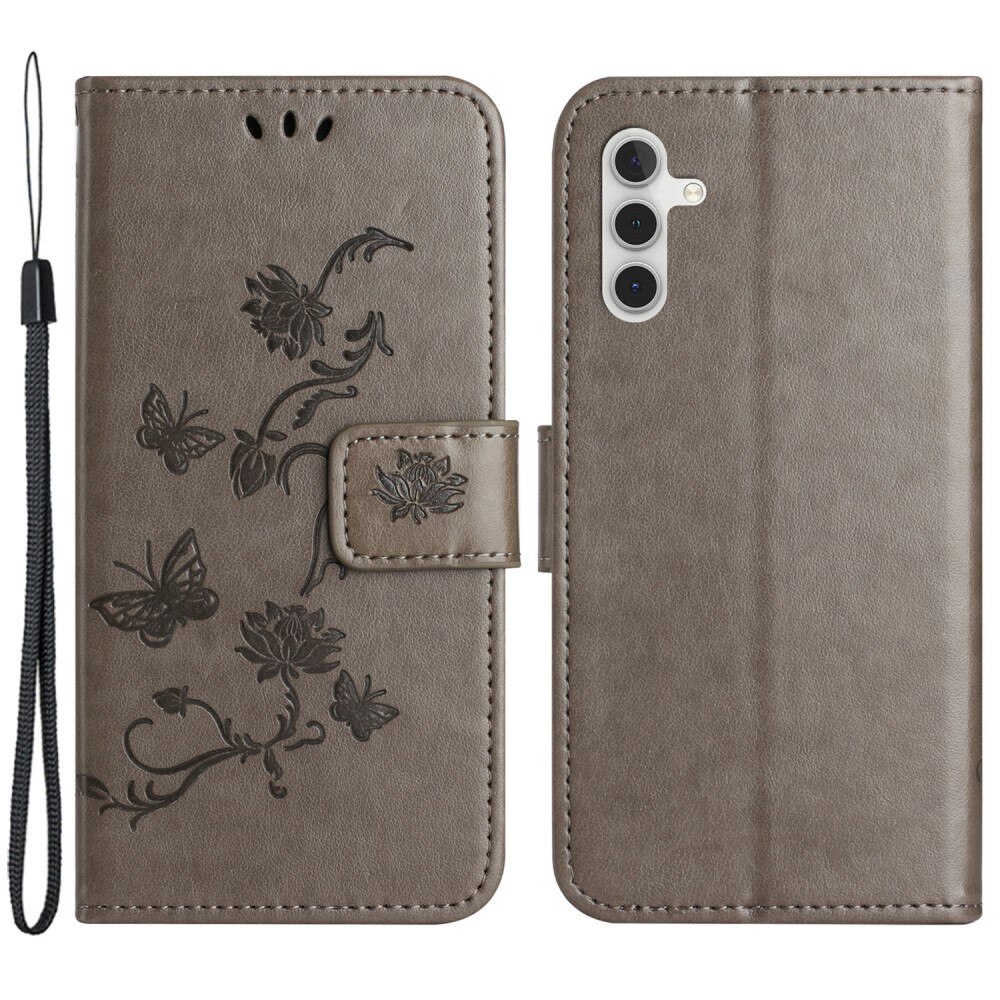 Étui en cuir à papillons pour Samsung Galaxy A55, Gris