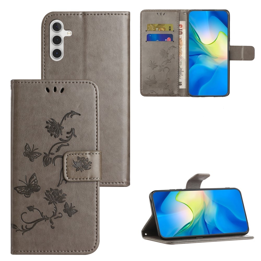 Étui en cuir à papillons pour Samsung Galaxy A55, Gris