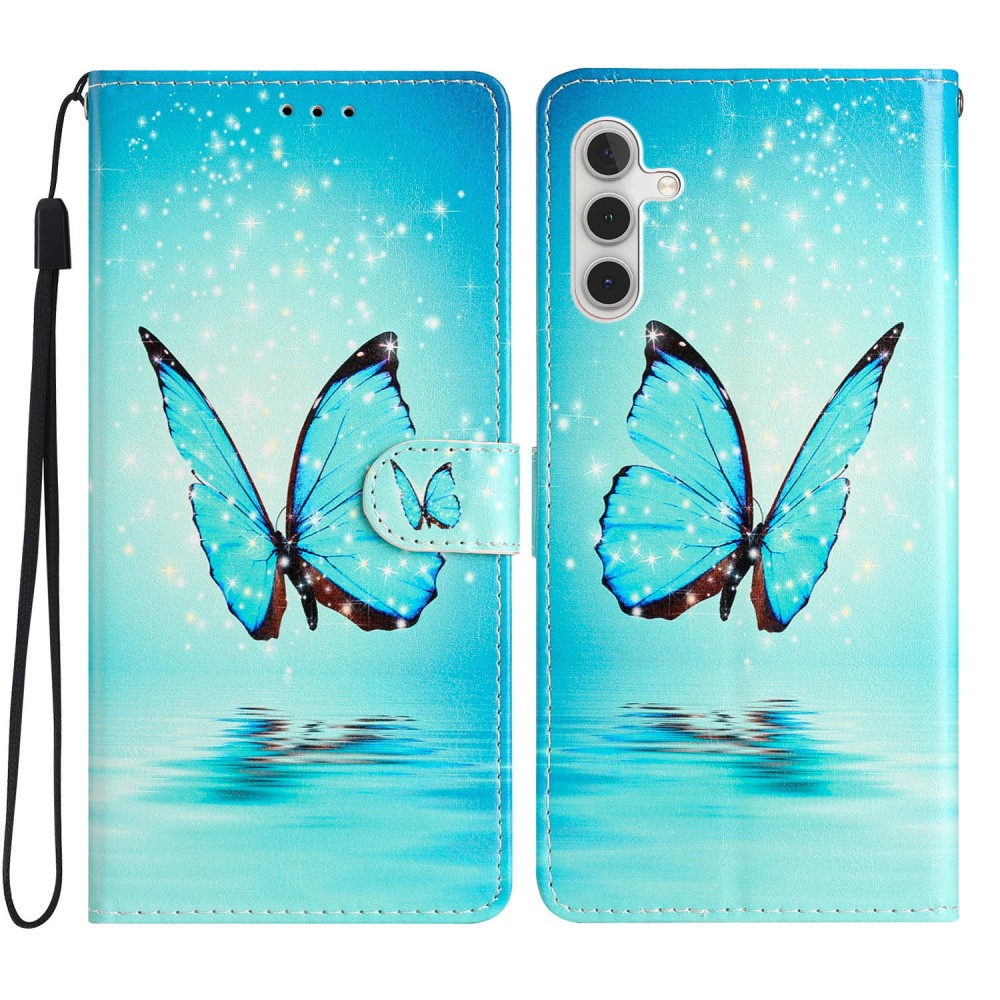 Coque portefeuille Samsung Galaxy A55, papillons bleus