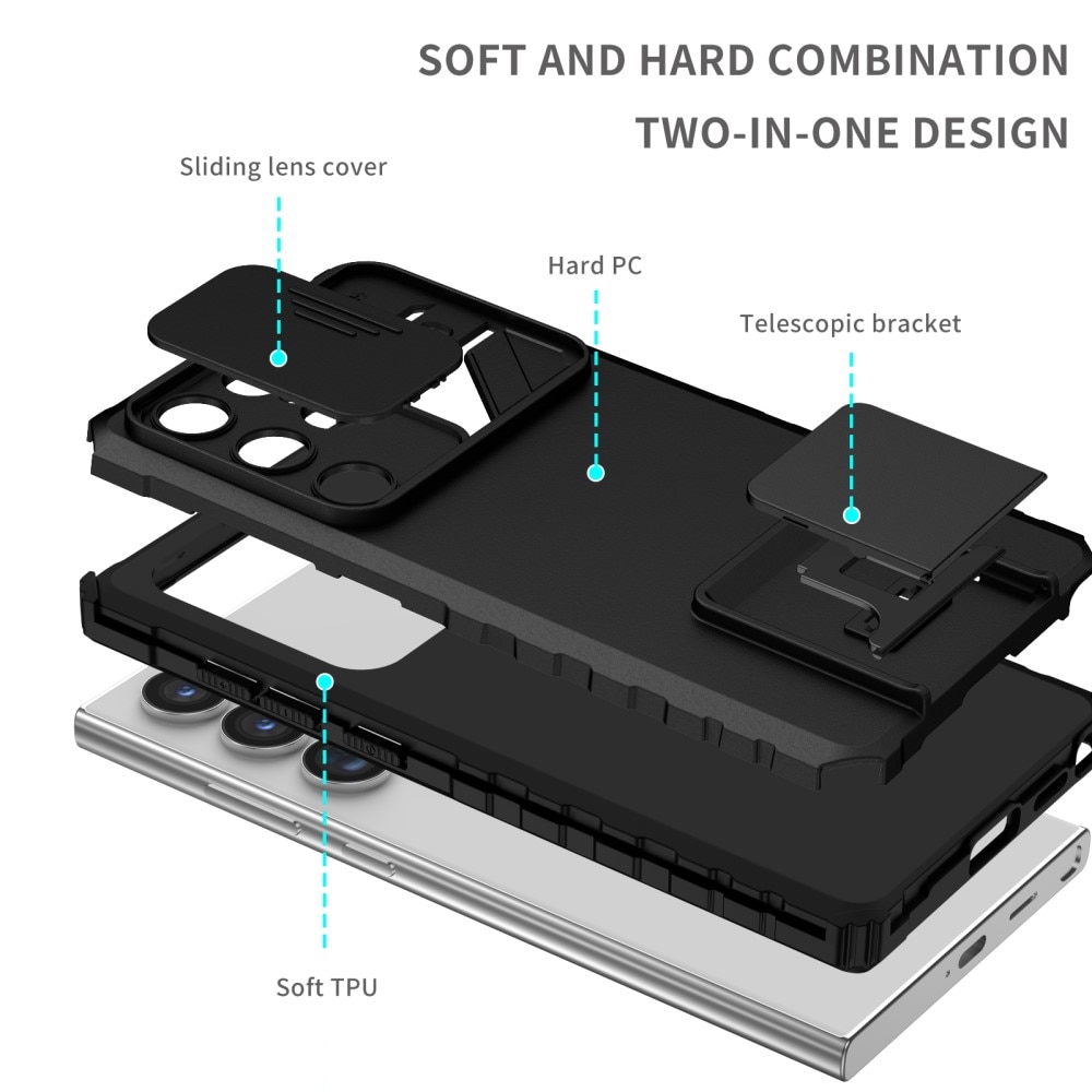 Coque Kickstand avec Protège Caméra Samsung Galaxy S24 Ultra, Noir