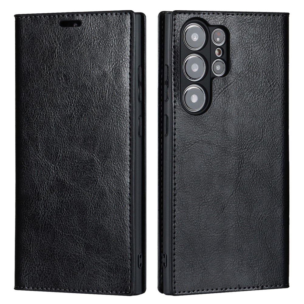 Coque portefeuille en cuir Veritable Samsung Galaxy S23 Ultra, Noir