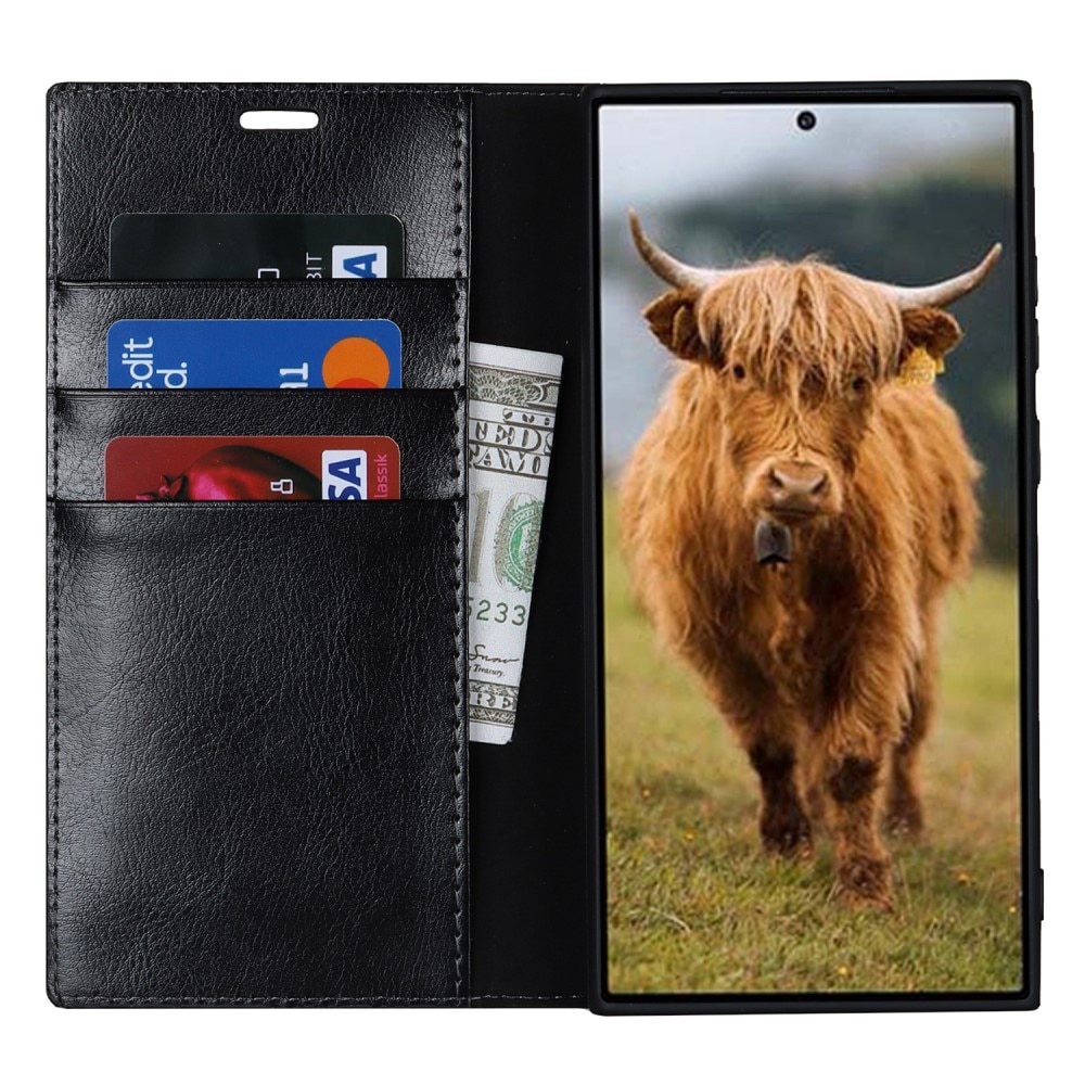 Coque portefeuille en cuir Veritable Samsung Galaxy S23 Ultra, Noir