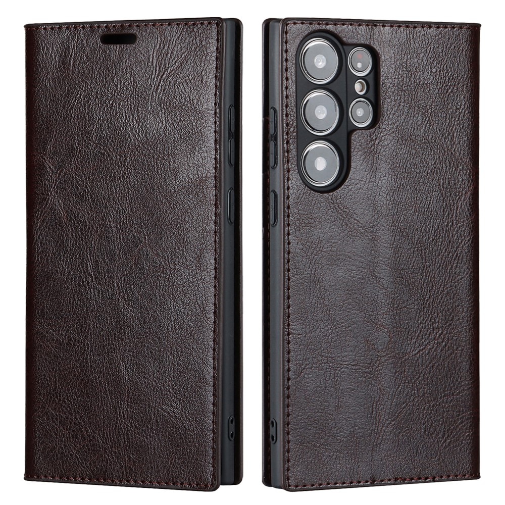 Coque portefeuille en cuir Veritable Samsung Galaxy S23 Ultra, Marron foncé