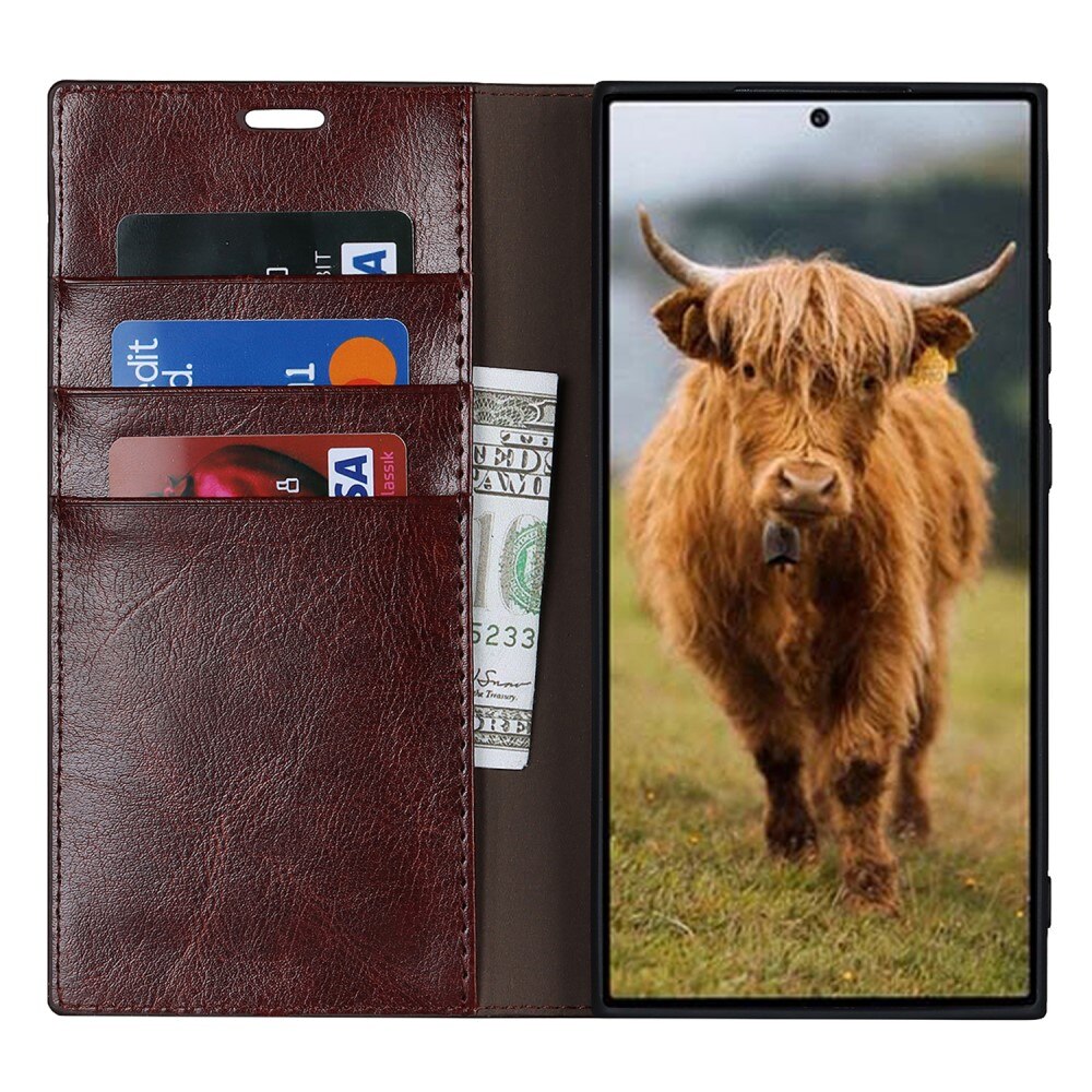 Coque portefeuille en cuir Veritable Samsung Galaxy S23 Ultra, Marron foncé