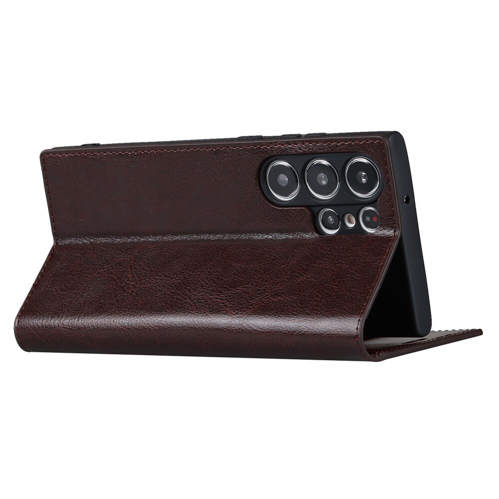 Coque portefeuille en cuir Veritable Samsung Galaxy S23 Ultra, Marron foncé