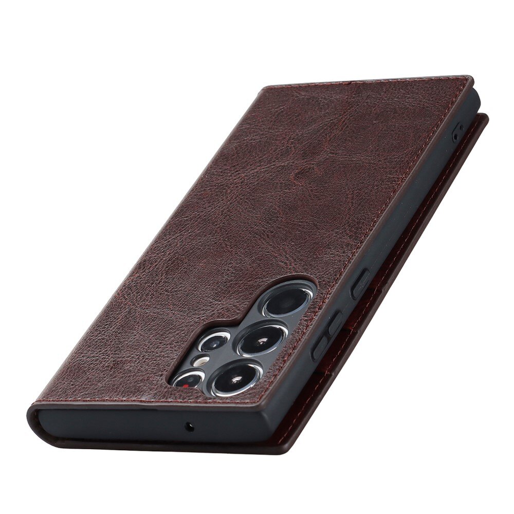 Coque portefeuille en cuir Veritable Samsung Galaxy S23 Ultra, Marron foncé