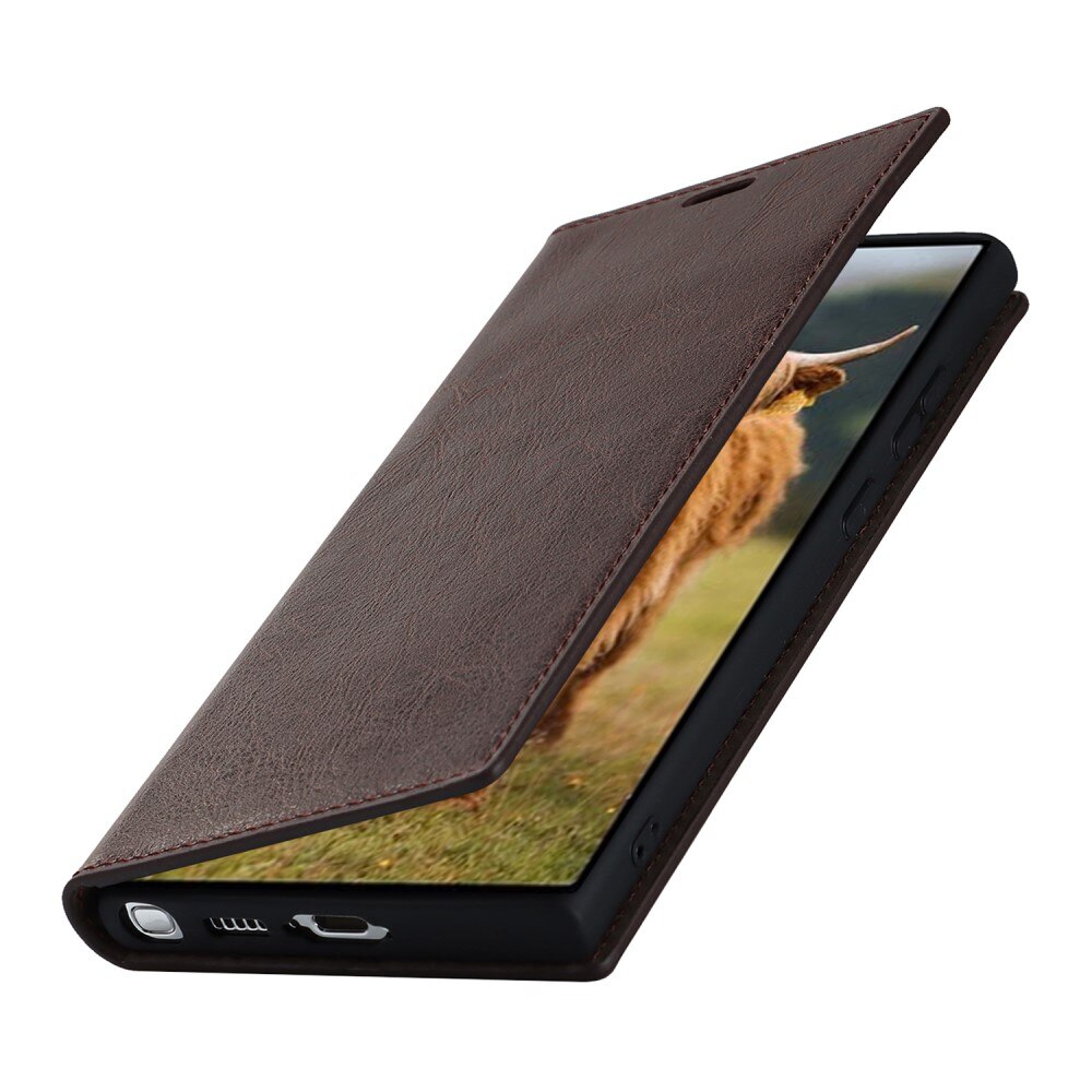 Coque portefeuille en cuir Veritable Samsung Galaxy S23 Ultra, Marron foncé