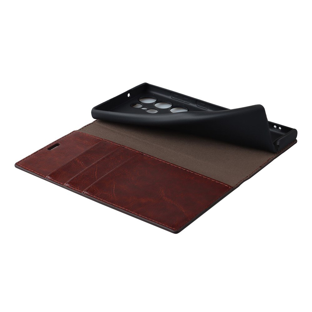 Coque portefeuille en cuir Veritable Samsung Galaxy S23 Ultra, Marron foncé