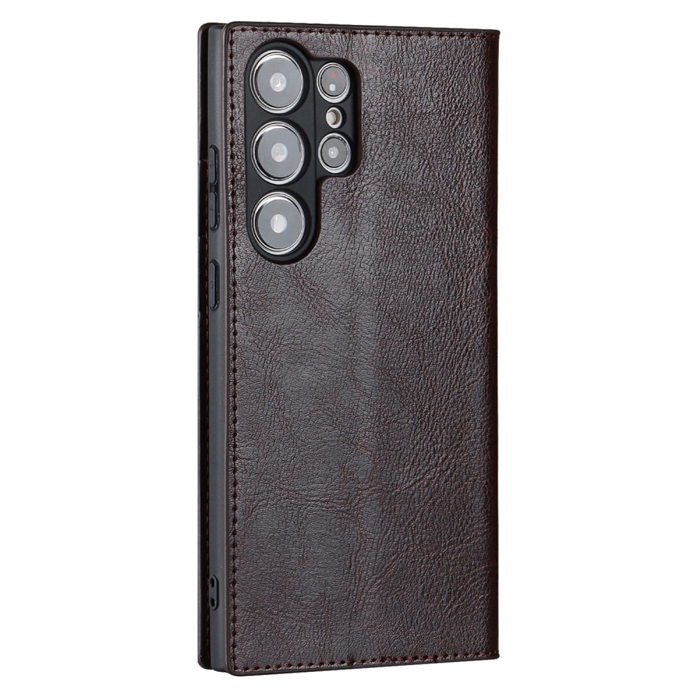 Coque portefeuille en cuir Veritable Samsung Galaxy S23 Ultra, marron foncé