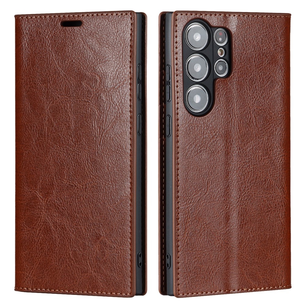 Coque portefeuille en cuir Veritable Samsung Galaxy S23 Ultra, Marron