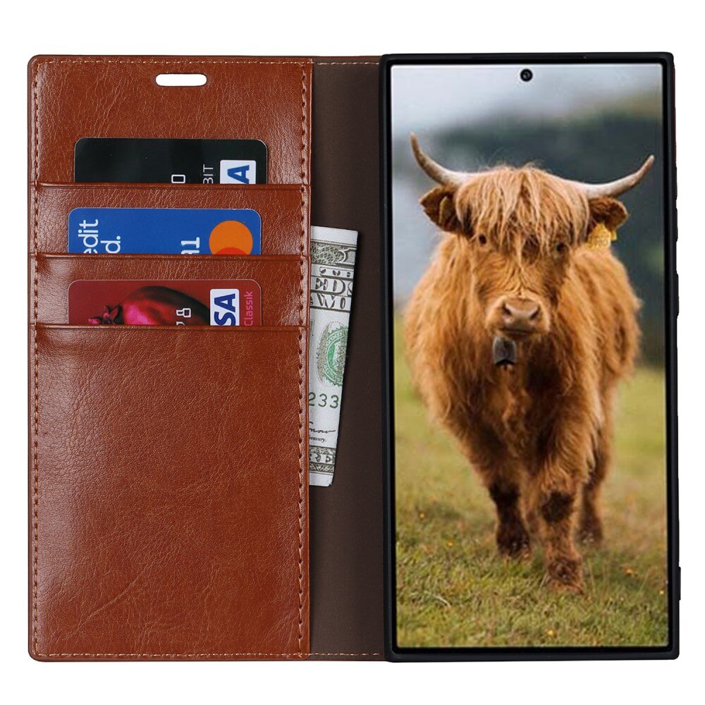 Coque portefeuille en cuir Veritable Samsung Galaxy S23 Ultra, Marron