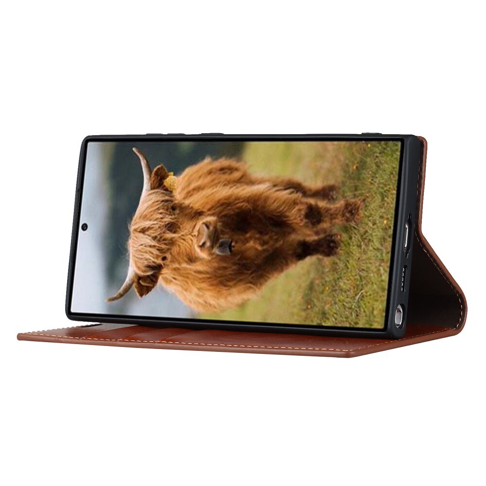 Coque portefeuille en cuir Veritable Samsung Galaxy S23 Ultra, Marron