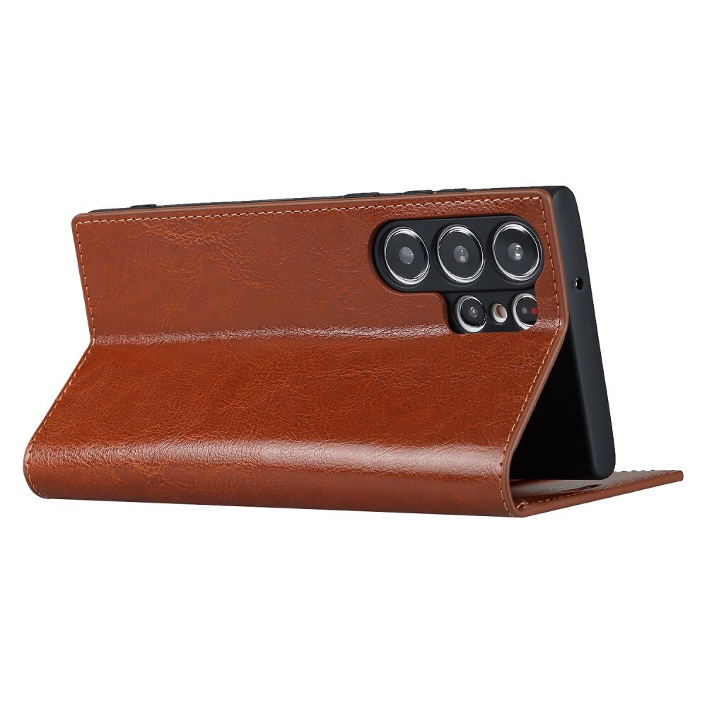 Coque portefeuille en cuir Veritable Samsung Galaxy S23 Ultra, Marron