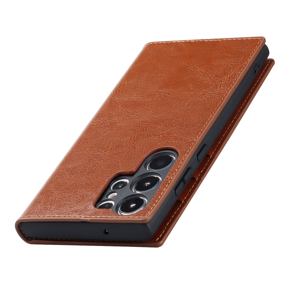 Coque portefeuille en cuir Veritable Samsung Galaxy S23 Ultra, Marron