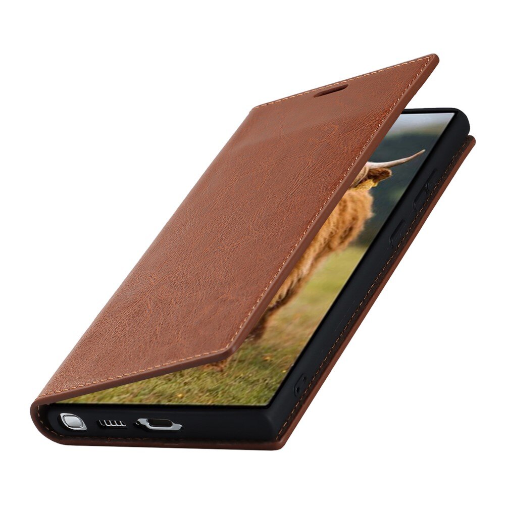 Coque portefeuille en cuir Veritable Samsung Galaxy S23 Ultra, Marron
