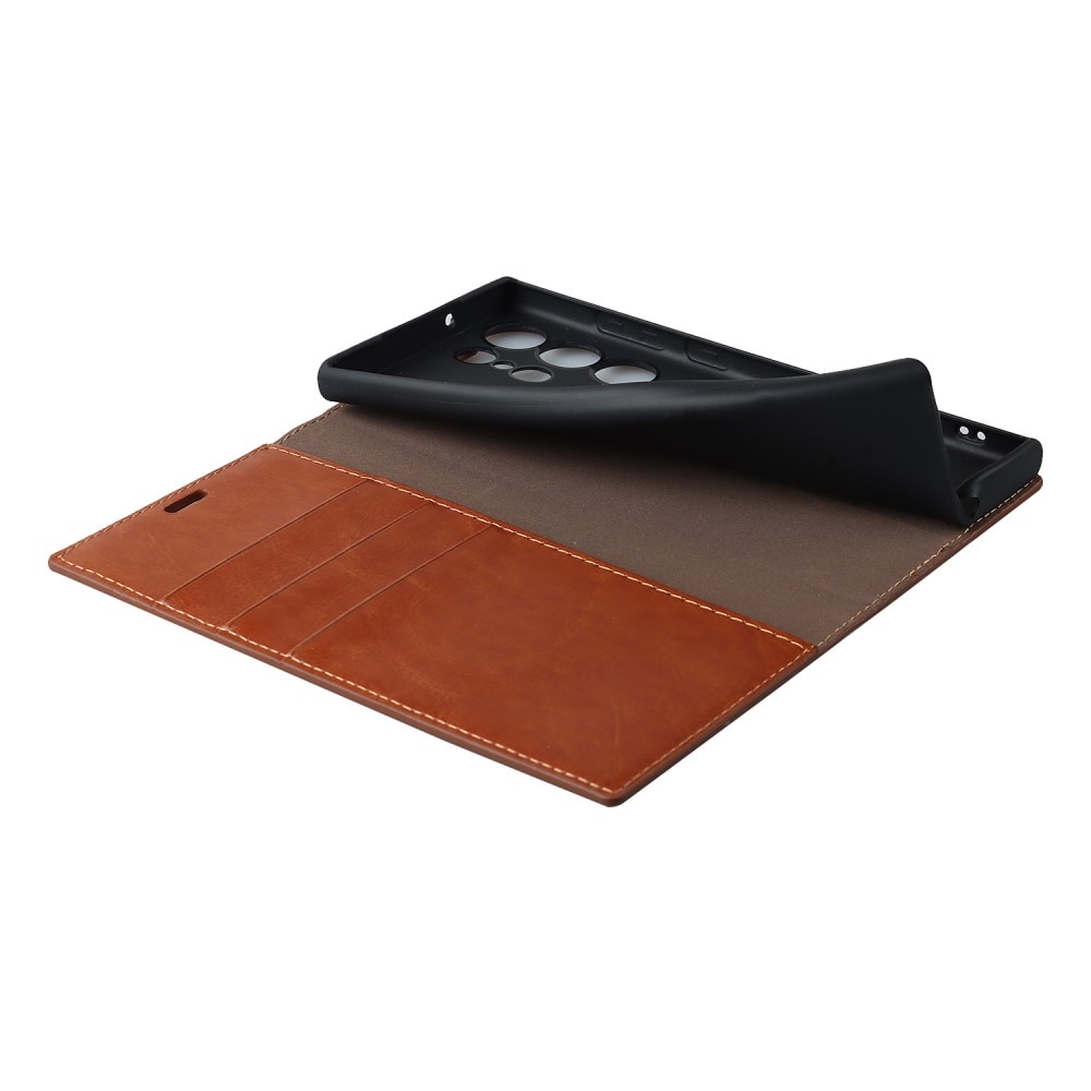 Coque portefeuille en cuir Veritable Samsung Galaxy S23 Ultra, Marron