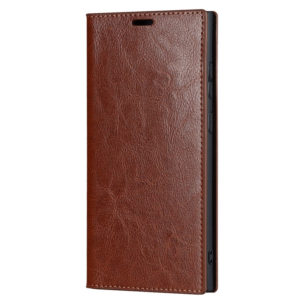 Coque portefeuille en cuir Veritable Samsung Galaxy S23 Ultra, Marron