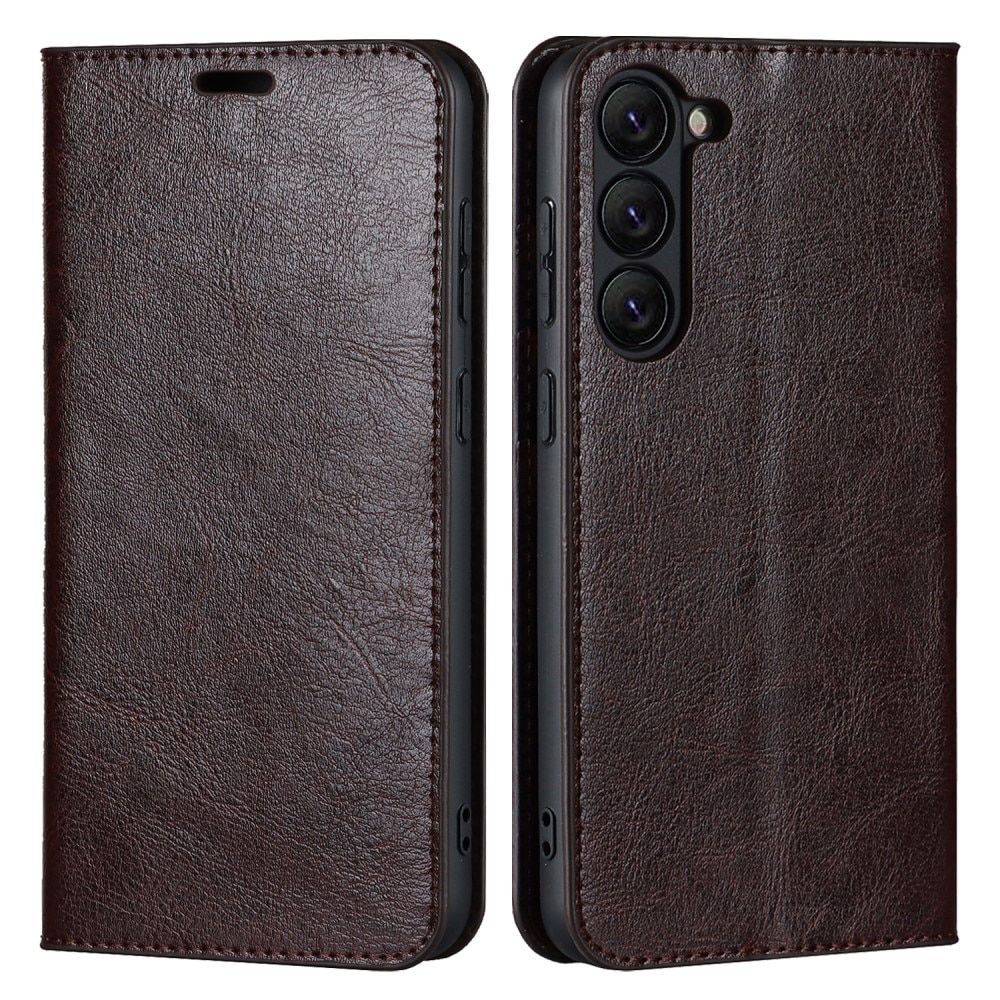 Coque portefeuille en cuir Veritable Samsung Galaxy S23, Marron foncé