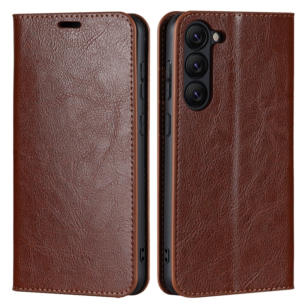 Coque portefeuille en cuir Veritable Samsung Galaxy S23, marron