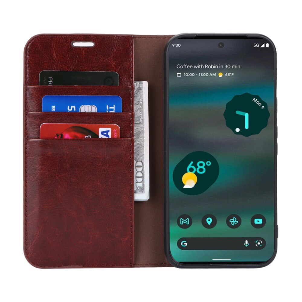 Coque portefeuille en cuir Veritable Google Pixel 8a, Marron foncé