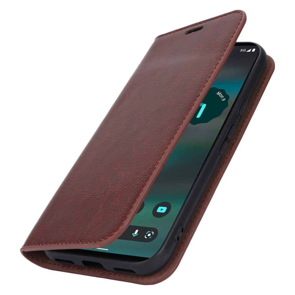 Coque portefeuille en cuir Veritable Google Pixel 8a, Marron foncé