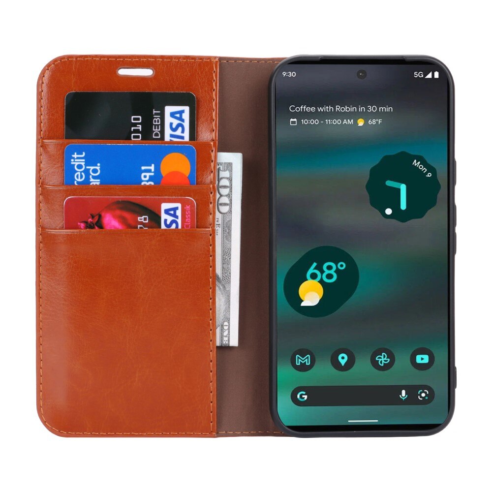 Coque portefeuille en cuir Veritable Google Pixel 8a, Marron