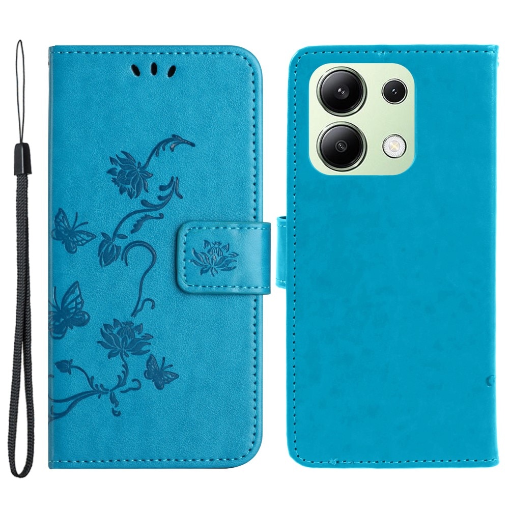 Étui en cuir à papillons pour Xiaomi Redmi Note 13 4G, bleu