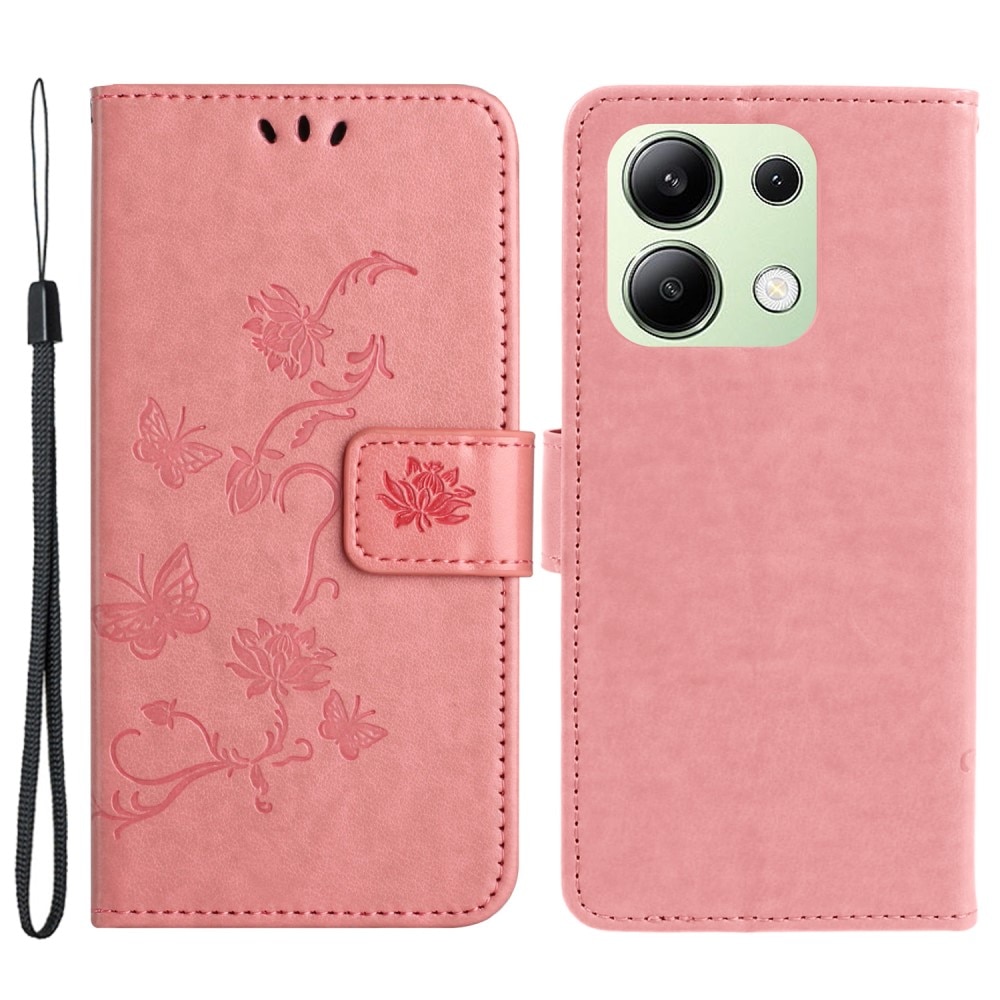 Étui en cuir à papillons pour Xiaomi Redmi Note 13 4G, Rose