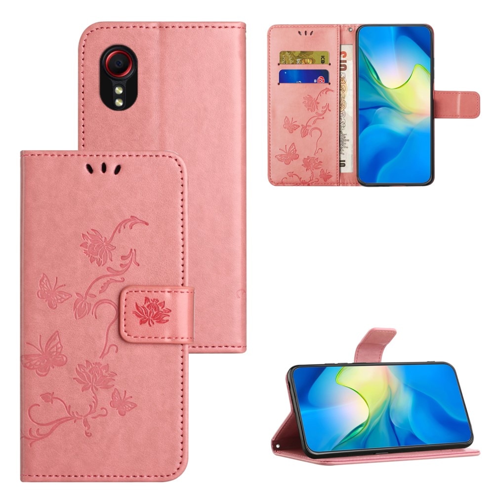 Étui en cuir à papillons pour Samsung Galaxy Xcover 7, rose