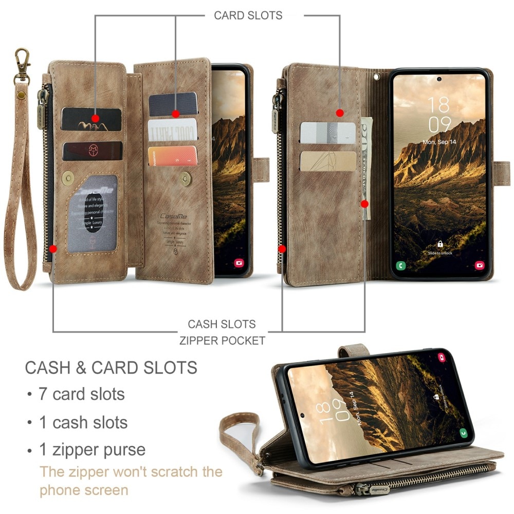 Étui portefeuille à glissière Samsung Galaxy S24, marron