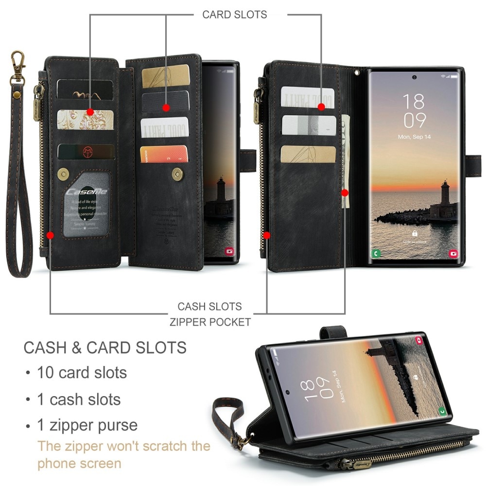 Étui portefeuille à glissière Samsung Galaxy S24 Ultra, noir