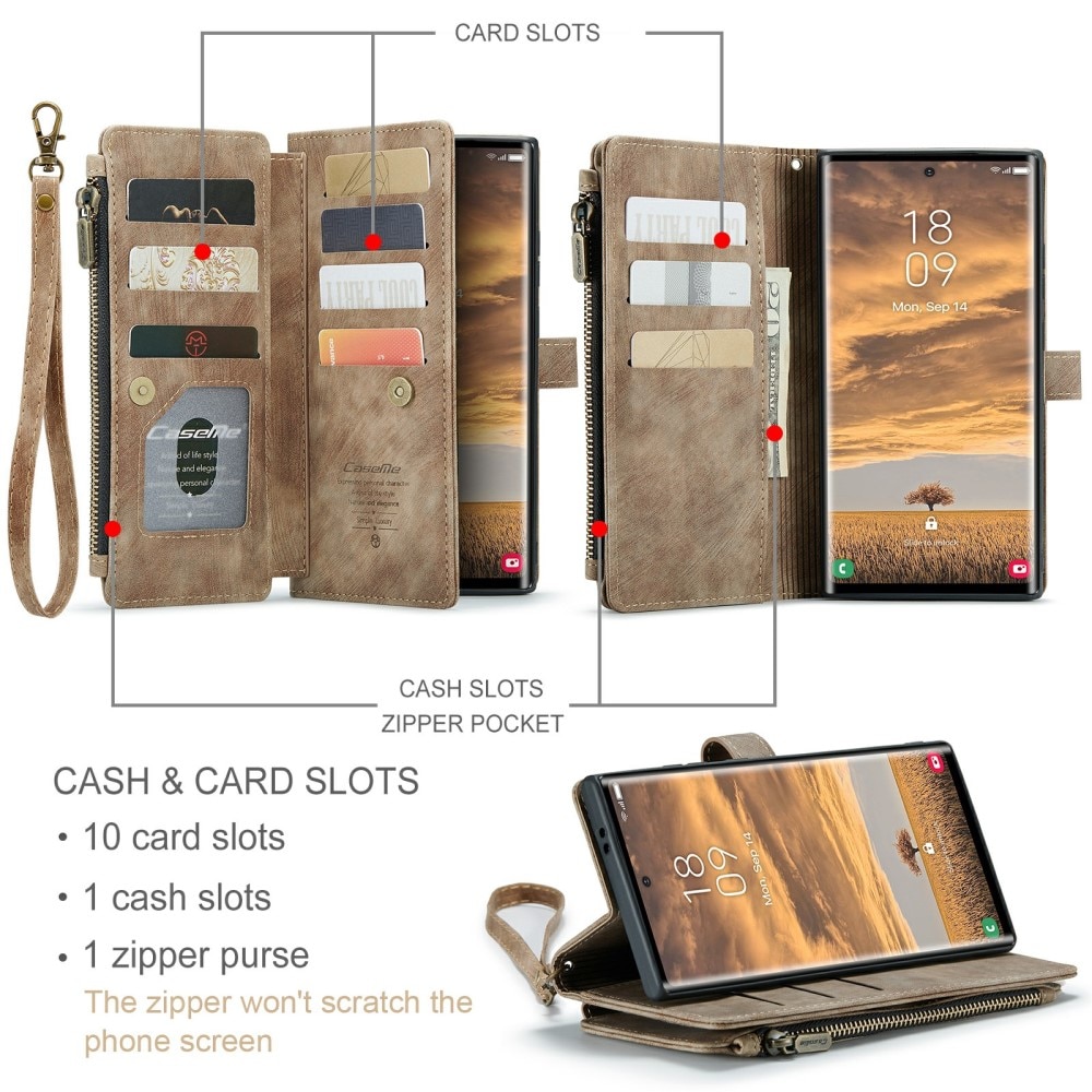 Étui portefeuille à glissière Samsung Galaxy S24 Ultra, marron