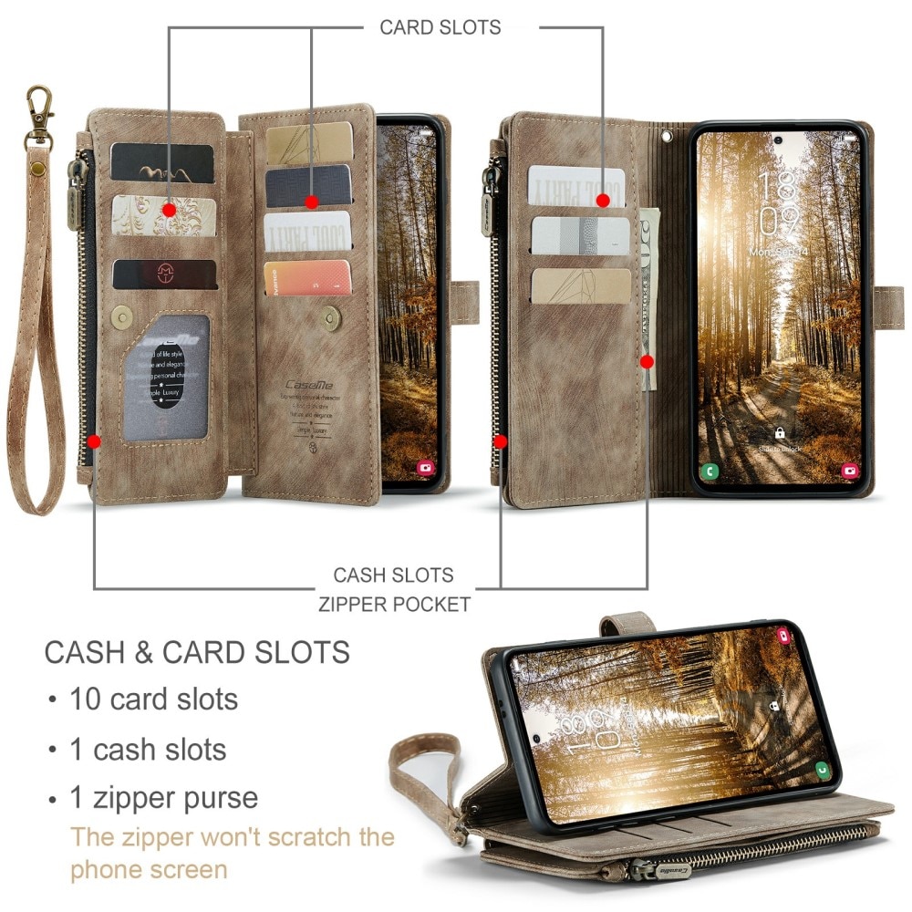 Étui portefeuille à glissière Samsung Galaxy S24 Plus, marron