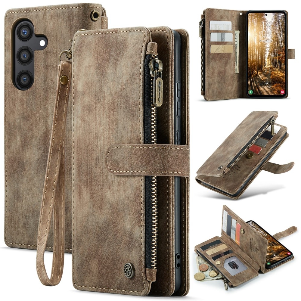 Étui portefeuille à glissière Samsung Galaxy S24 Plus, Marron