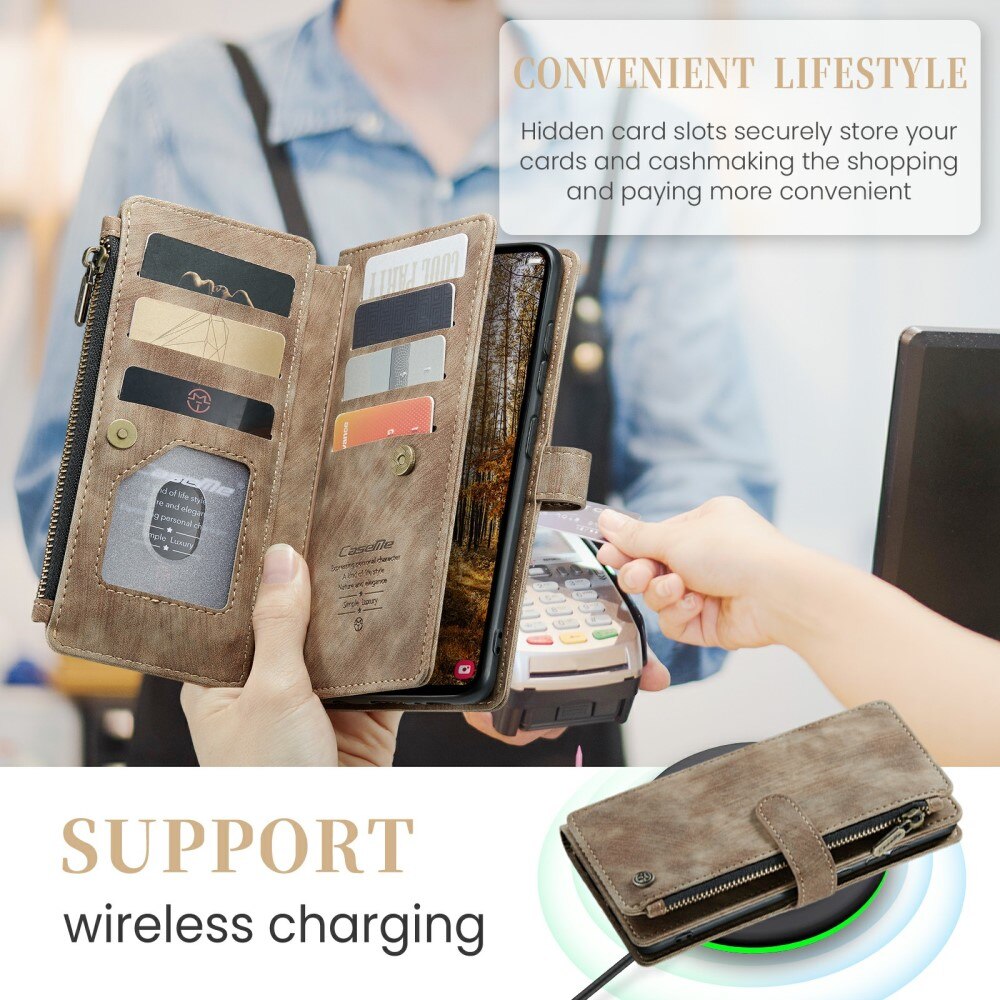 Étui portefeuille à glissière Samsung Galaxy S24 Plus, Marron