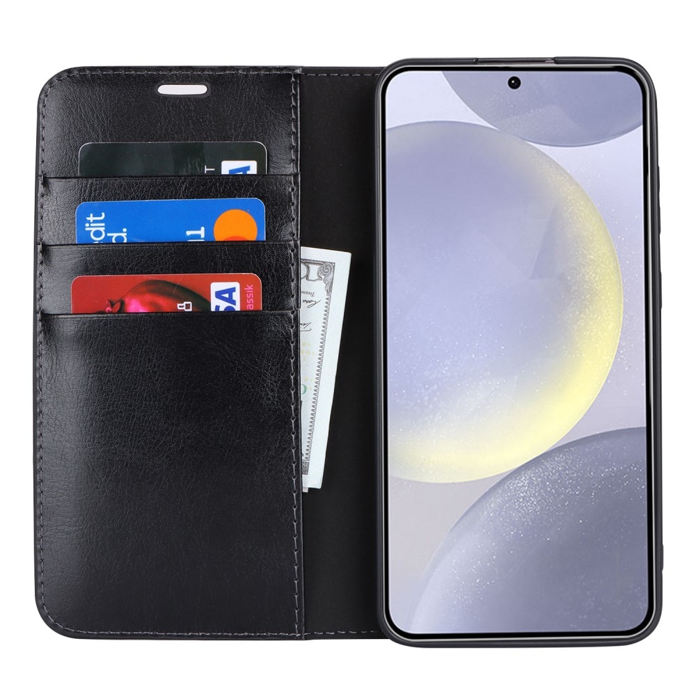 Coque portefeuille en cuir Veritable Samsung Galaxy S24 Plus, Noir