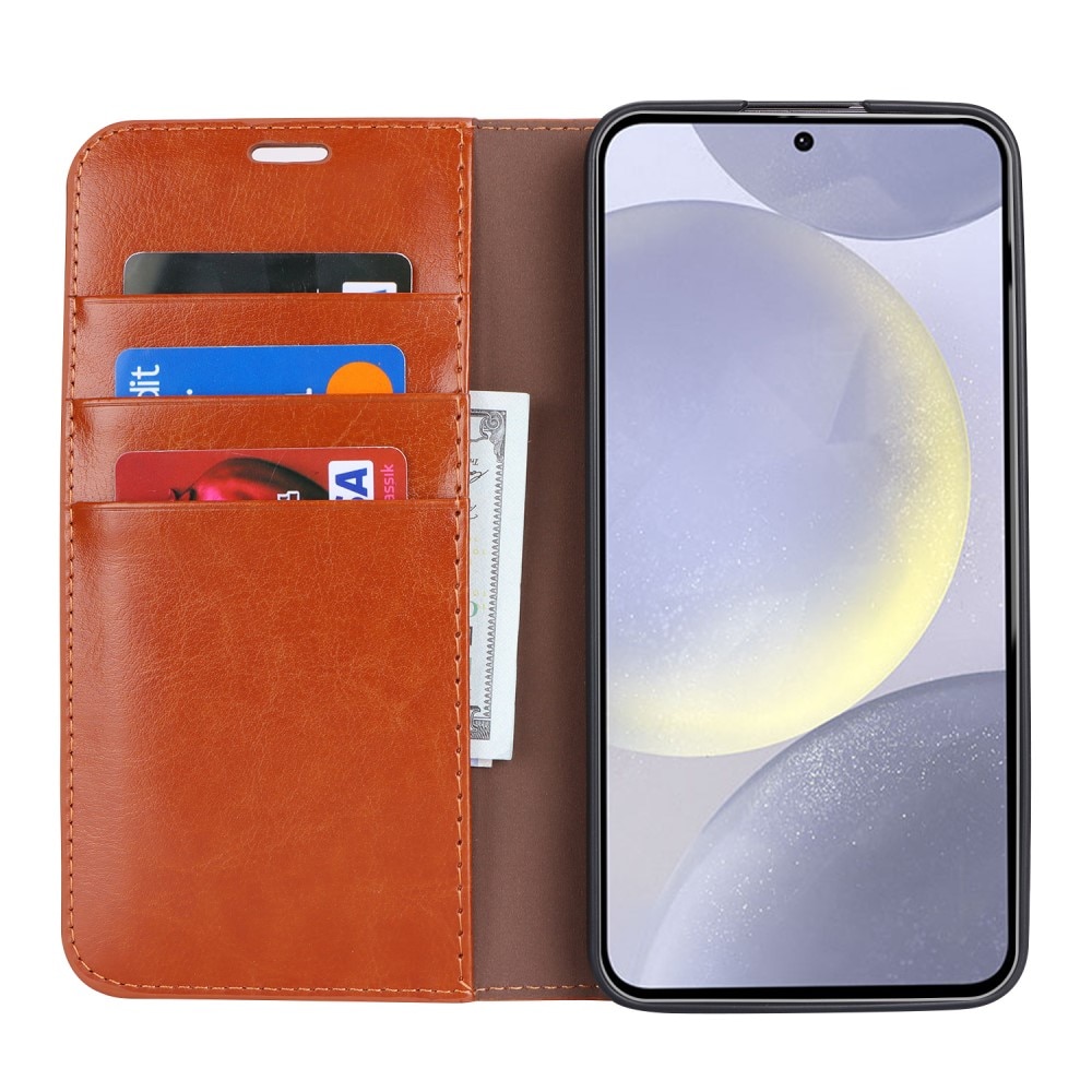 Coque portefeuille en cuir Veritable Samsung Galaxy S24 Plus, Marron