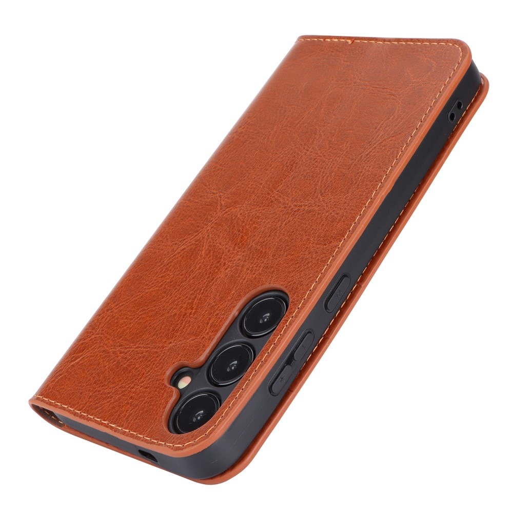 Coque portefeuille en cuir Veritable Samsung Galaxy S24 Plus, marron