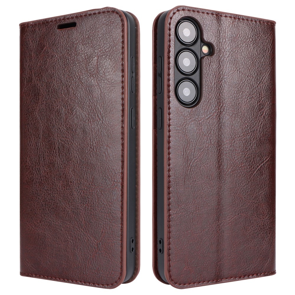 Coque portefeuille en cuir Veritable Samsung Galaxy S24 Plus, Marron foncé