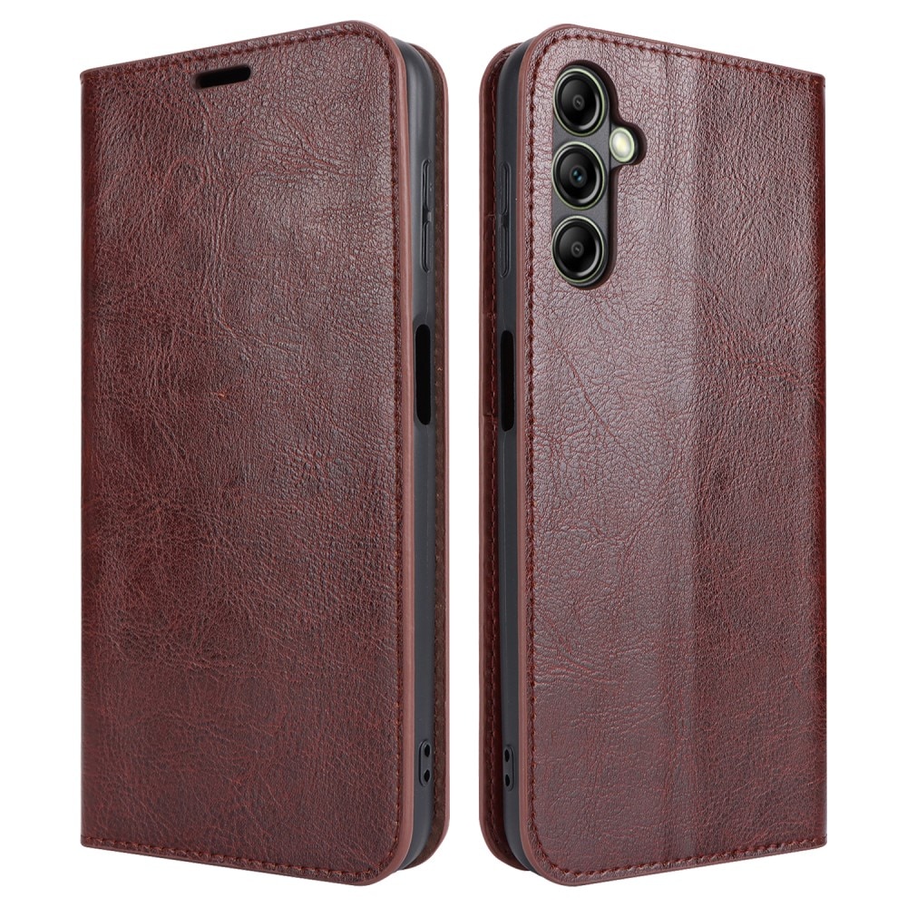 Coque portefeuille en cuir Veritable Samsung Galaxy A14, Marron foncé
