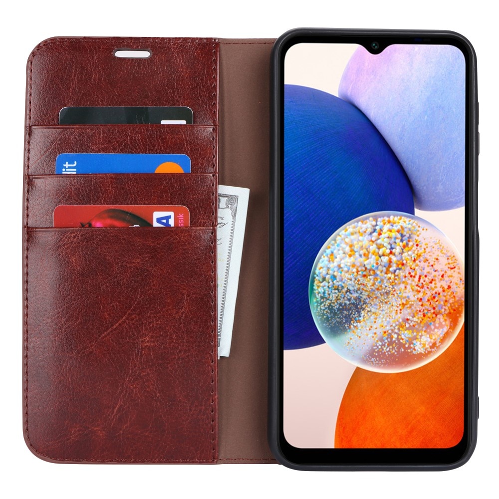 Coque portefeuille en cuir Veritable Samsung Galaxy A14, Marron foncé