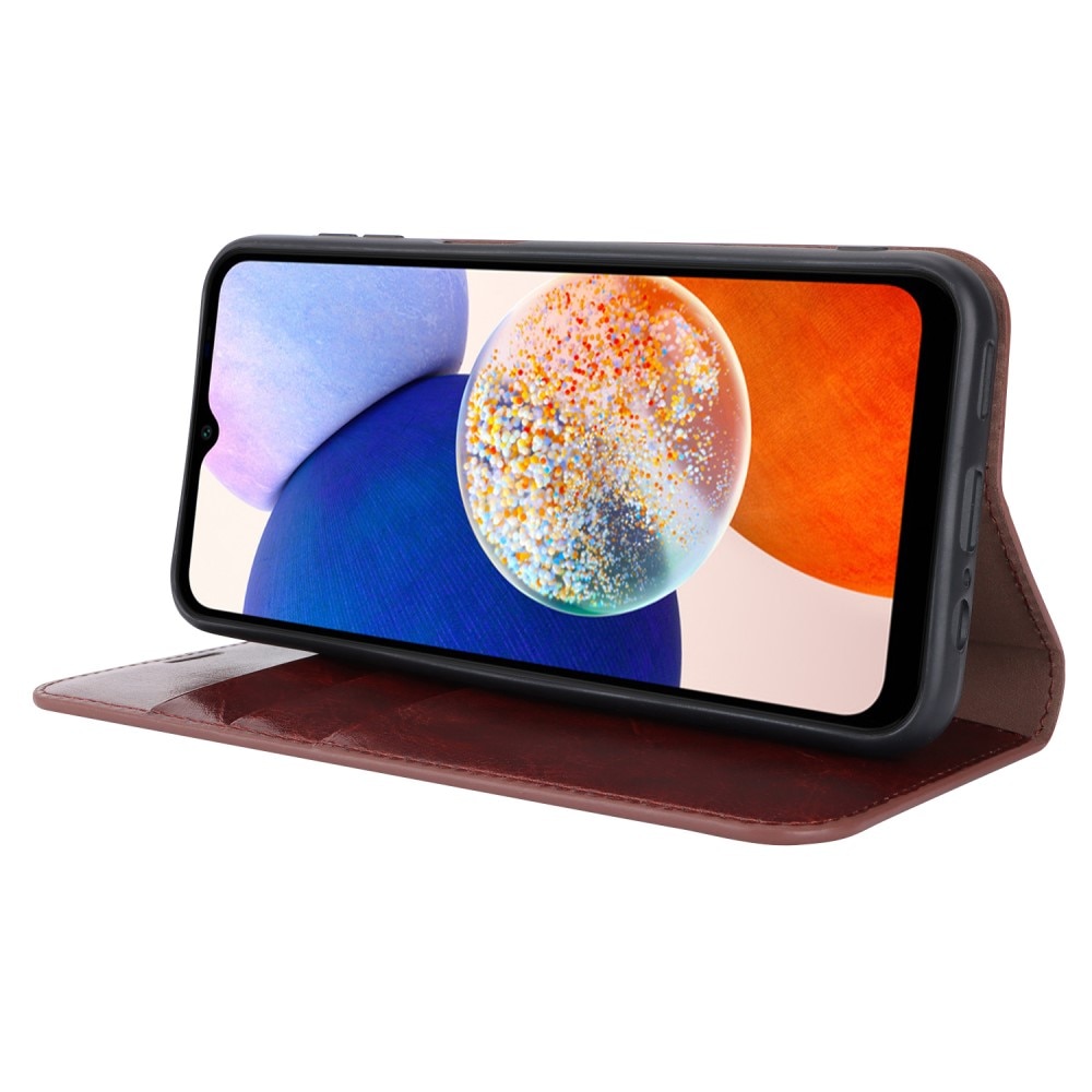 Coque portefeuille en cuir Veritable Samsung Galaxy A14, Marron foncé