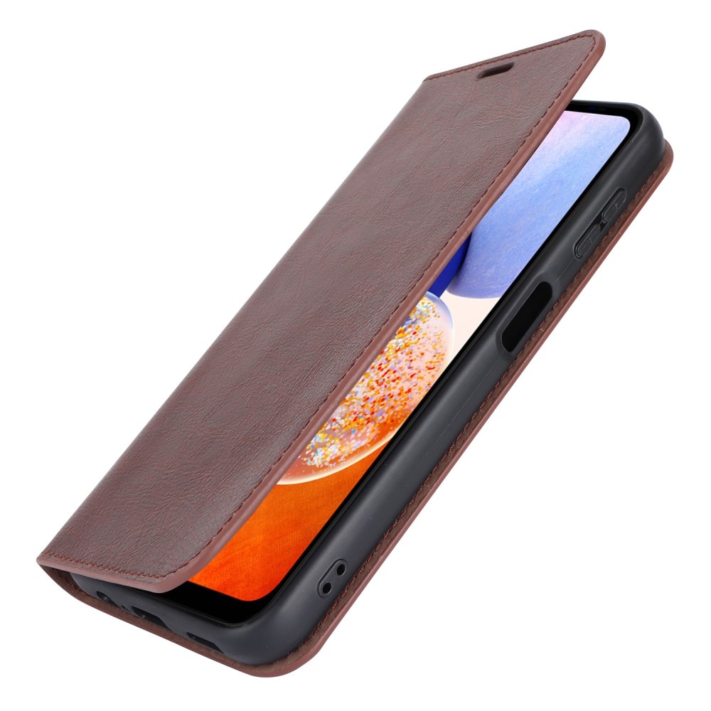 Coque portefeuille en cuir Veritable Samsung Galaxy A14, Marron foncé