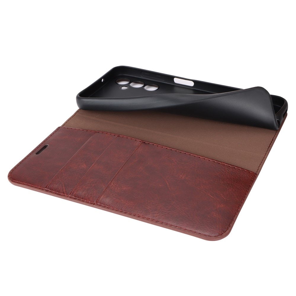 Coque portefeuille en cuir Veritable Samsung Galaxy A14, Marron foncé