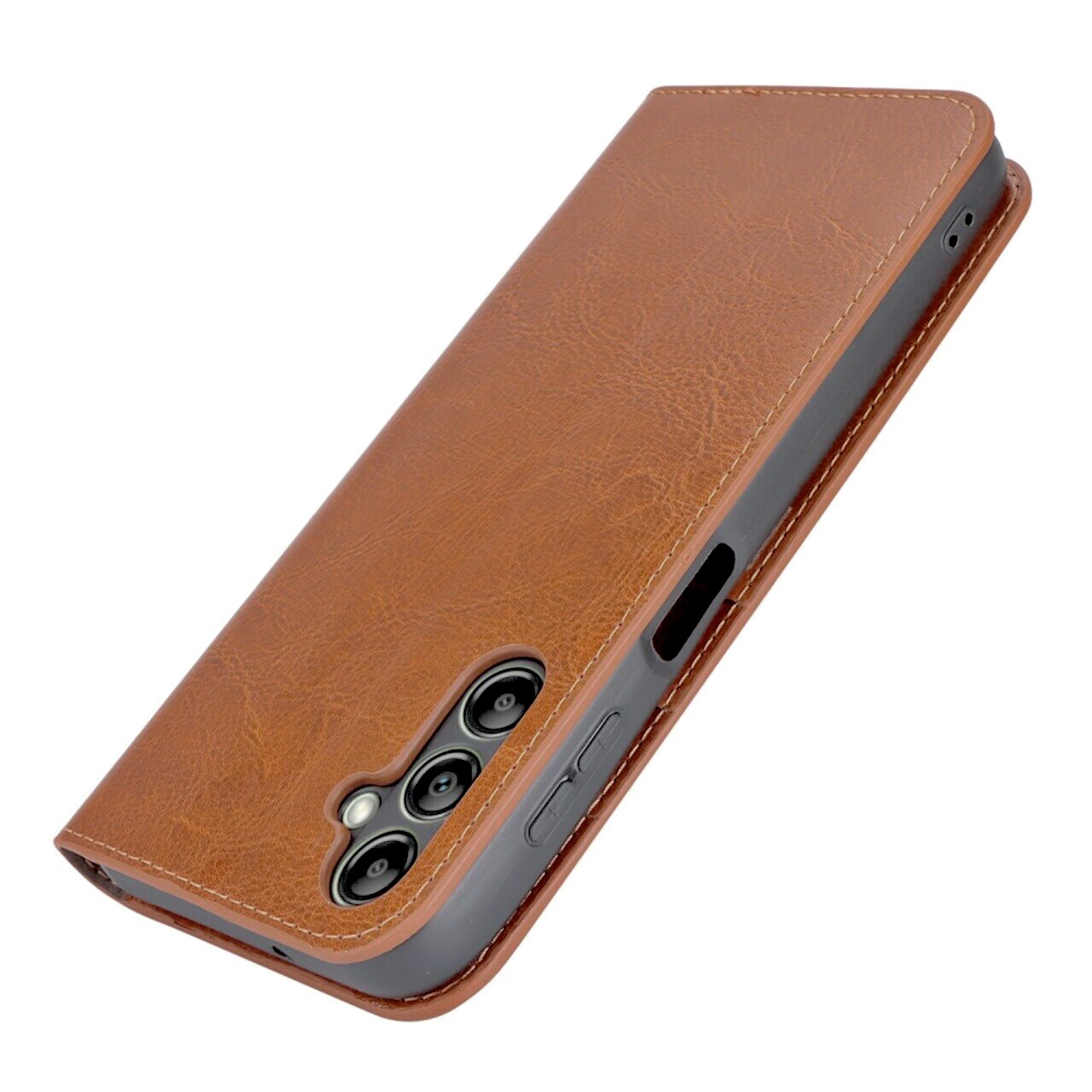 Coque portefeuille en cuir Veritable Samsung Galaxy A14, Marron