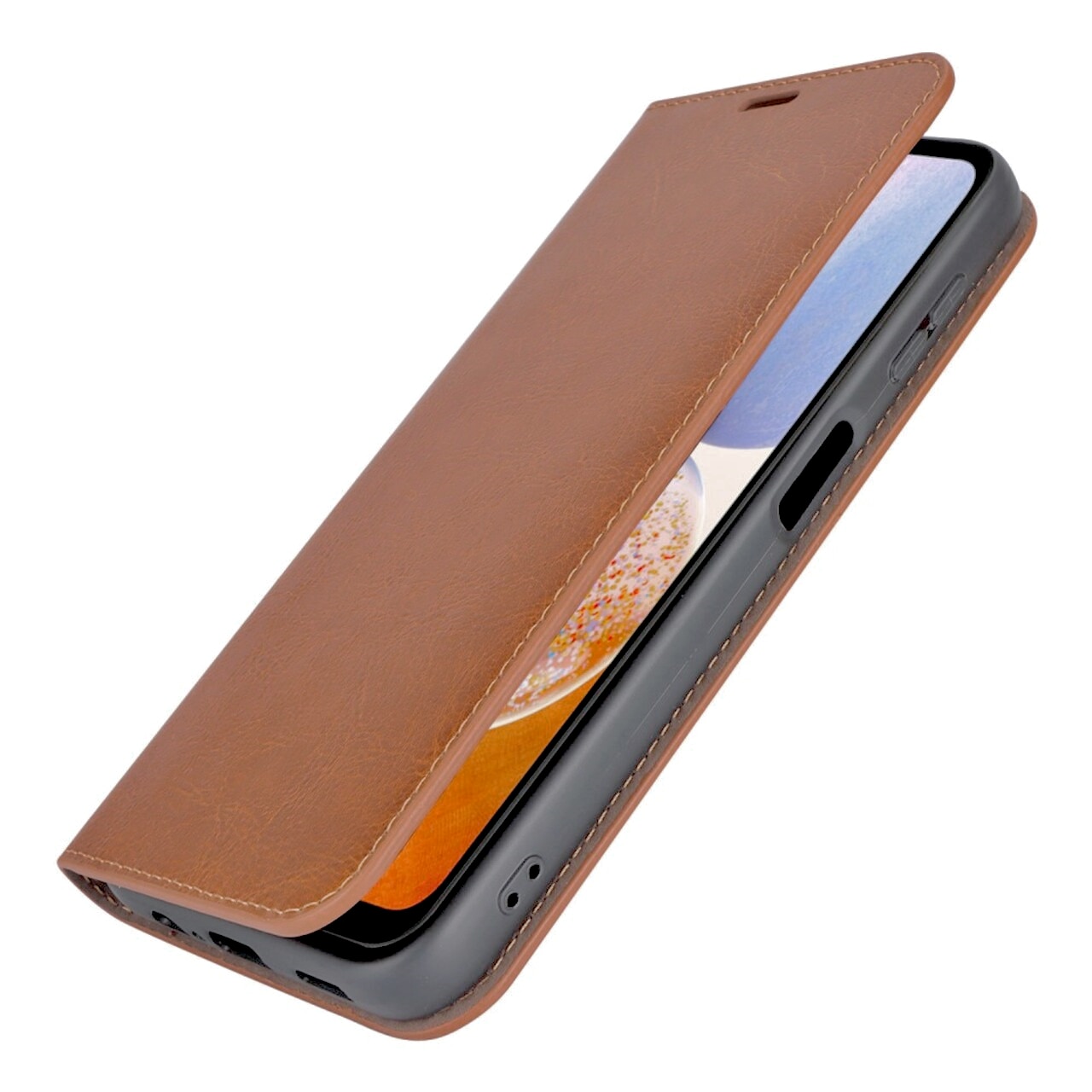 Coque portefeuille en cuir Veritable Samsung Galaxy A14, Marron