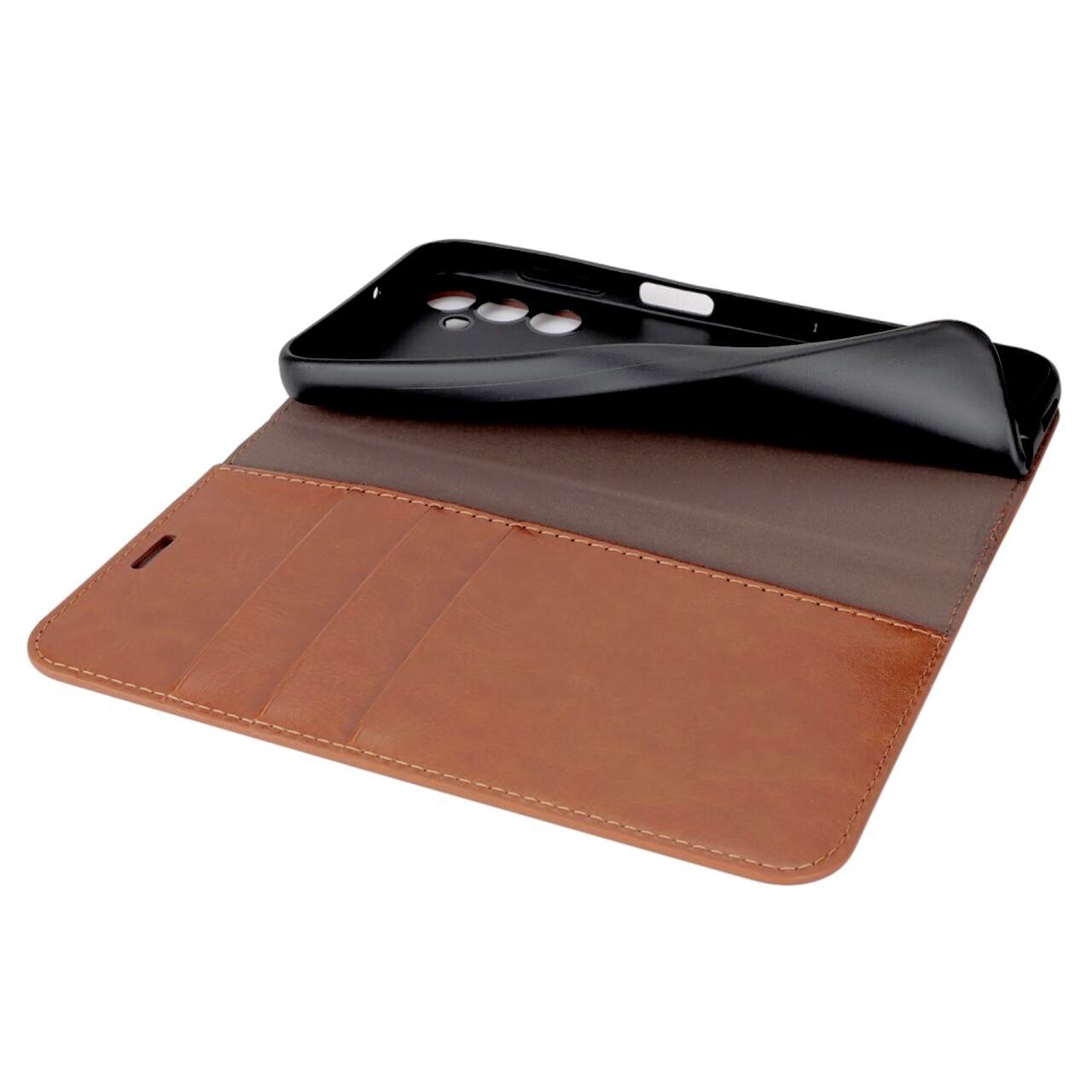 Coque portefeuille en cuir Veritable Samsung Galaxy A14, Marron