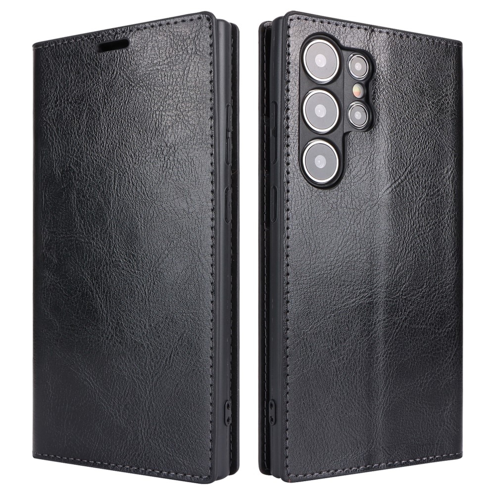 Coque portefeuille en cuir Veritable Samsung Galaxy S25 Ultra, Noir